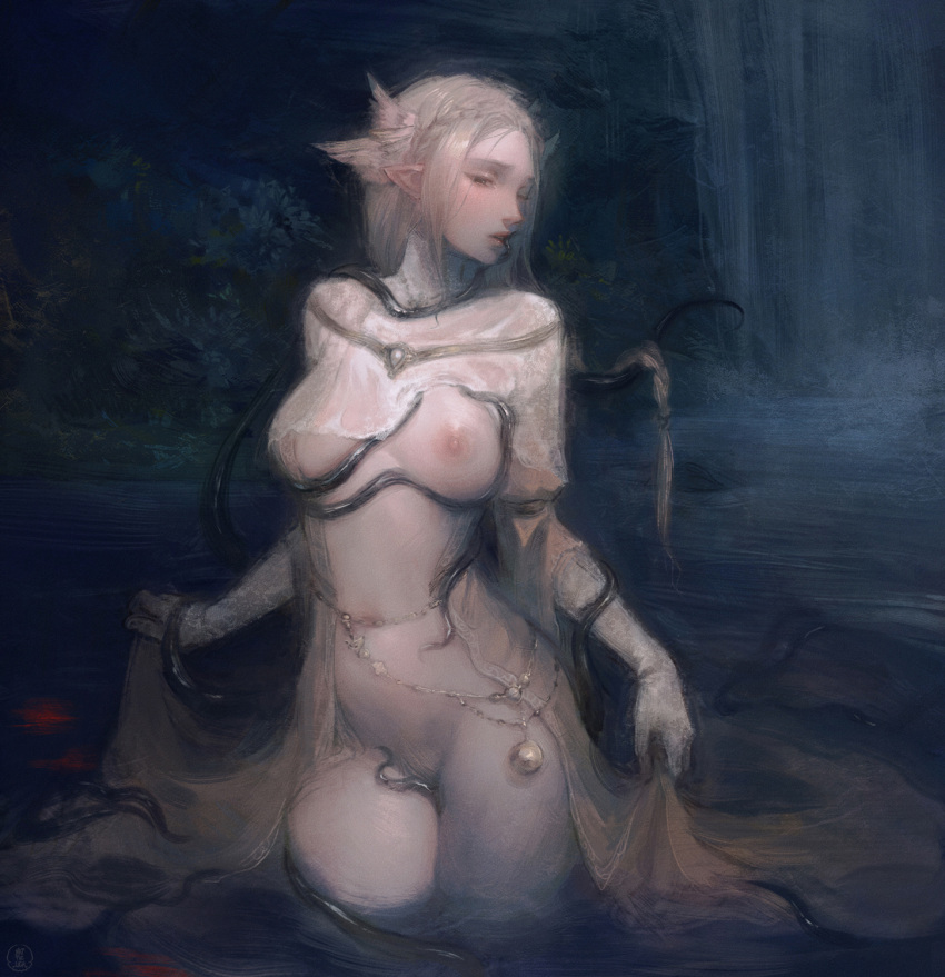 1girl blonde_hair breasts brown_dress cowboy_shot dark_souls_(series) dress dusk_of_oolacille female_pubic_hair gloves hair_ornament highres large_breasts long_dress long_hair nat_the_lich navel nipples one_eye_closed parted_lips pointy_ears pubic_hair river skirt_hold solo standing tentacles tentacles_under_clothes wading water waterfall white_gloves