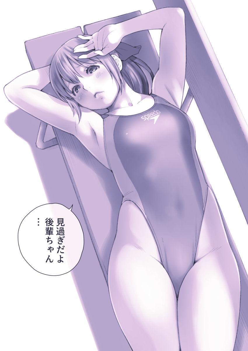 1girl absurdres bench breasts collarbone commentary_request competition_swimsuit highleg highleg_swimsuit highres long_hair lying macosee monochrome one-piece_swimsuit original ponytail purple_theme small_breasts solo speedo_(company) swimsuit translation_request