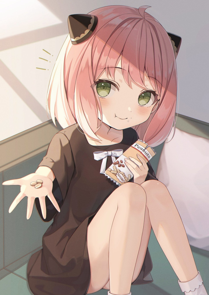 1girl ahoge amai_melo anya_(spy_x_family) black_dress blush bow child couch double_bun dress eating food food_on_face green_eyes half-closed_eyes highres looking_at_viewer on_couch peanut pink_hair reaching_out short_hair short_sleeves sitting smile snack solo spy_x_family white_bow wide_sleeves