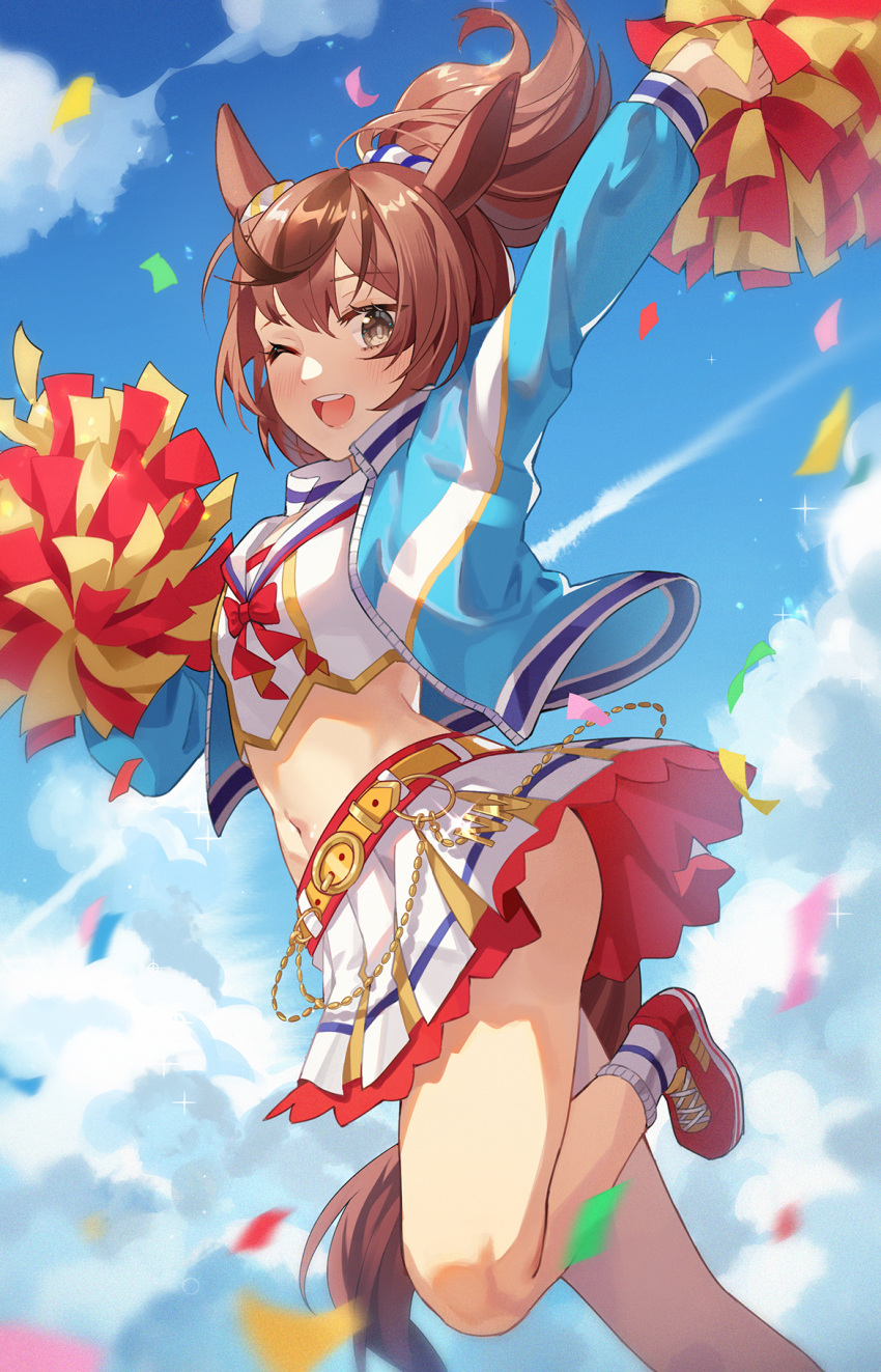 1girl animal_ears arm_up belt blue_jacket blurry blurry_foreground blush breasts brown_eyes brown_hair cloud confetti contrail crop_top hand_up highres holding holding_pom_poms horse_ears horse_girl horse_tail hoshiko_(419401x) jacket layered_skirt long_sleeves looking_at_viewer midriff multicolored_hair navel nice_nature_(run&amp;win)_(umamusume) nice_nature_(umamusume) one_eye_closed open_mouth pom_pom_(cheerleading) ponytail roar_yell!_tracen_academy_cheerleading_squad_(umamusume) shirt shoes skirt small_breasts smile sneakers socks solo standing standing_on_one_leg streaked_hair tail umamusume white_shirt white_skirt