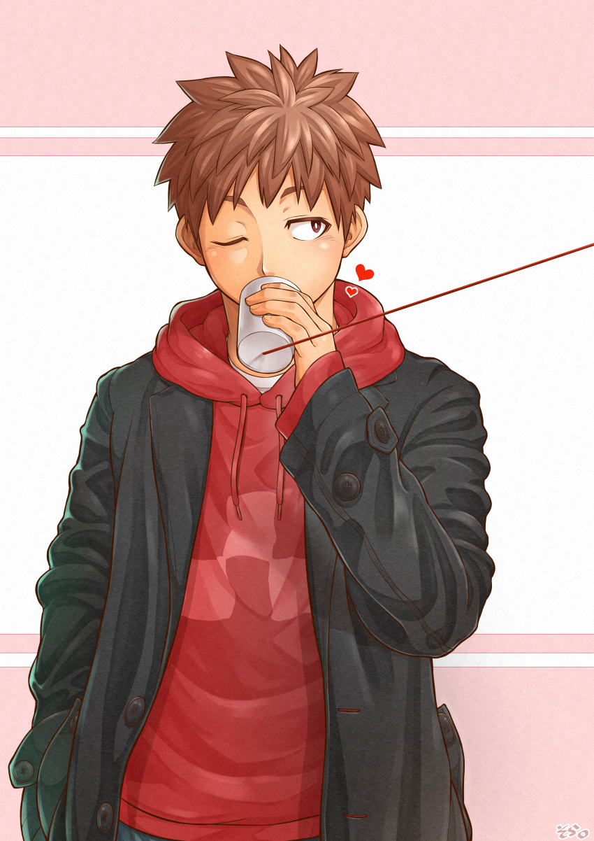 04sora40 1boy absurdres bara brown_eyes brown_hair buttons coat commentary cup hand_in_pocket heart highres holding holding_cup hood hoodie layered_clothing looking_to_the_side male_focus one_eye_closed original string string_of_fate string_phone yaoi