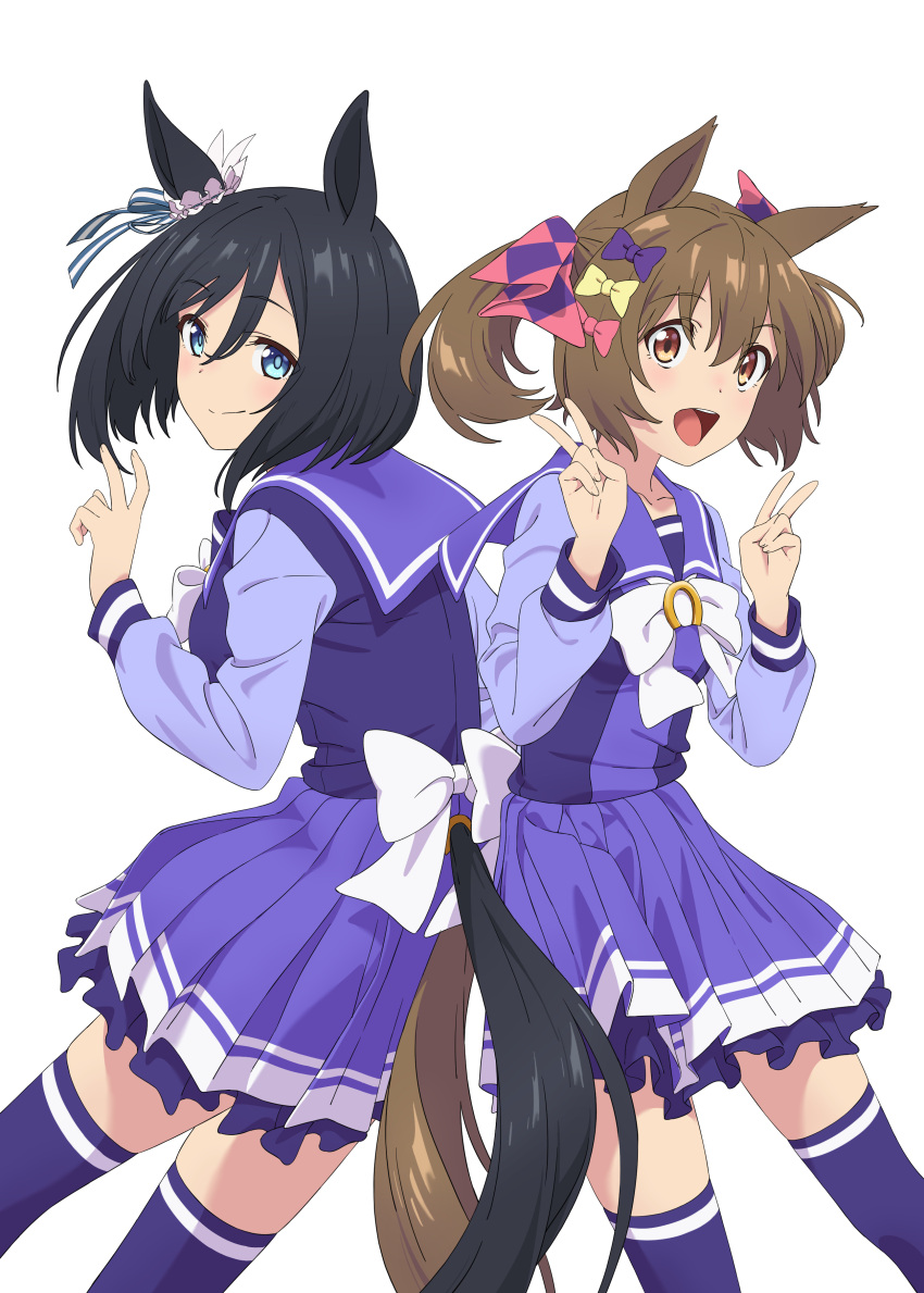 2girls absurdres animal_ears bangs black_hair blue_eyes breasts brown_hair closed_mouth double_v eishin_flash_(umamusume) hands_up highres horse_ears horse_girl horse_tail looking_at_viewer medium_breasts multiple_girls open_mouth purple_legwear purple_shirt purple_skirt sailor_collar school_uniform shirt simple_background skirt small_breasts smart_falcon_(umamusume) smile tail thighhighs tracen_school_uniform twintails umamusume v white_background yellow_eyes yokkest
