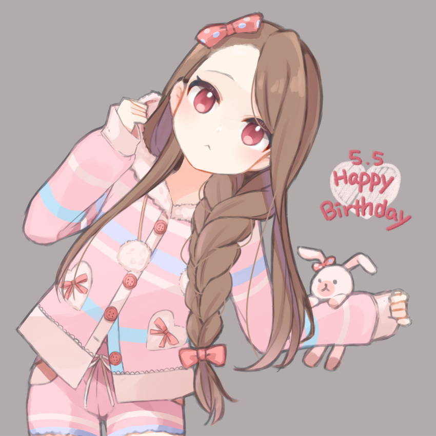 :&lt; bangs bow braid brown_hair buttons charles_donatello_the_18th commentary_request eyelashes grey_background hair_bow hand_up happy_birthday heart highres hood hooded_pajamas idolmaster idolmaster_(classic) light_blush long_hair long_sleeves looking_at_viewer minase_iori pajamas pink_pajamas pink_ribbon pom_pom_(clothes) red_bow red_eyes ribbon shorts solo_focus striped striped_pajamas stuffed_animal stuffed_bunny stuffed_toy yuzuki_(yuduame)