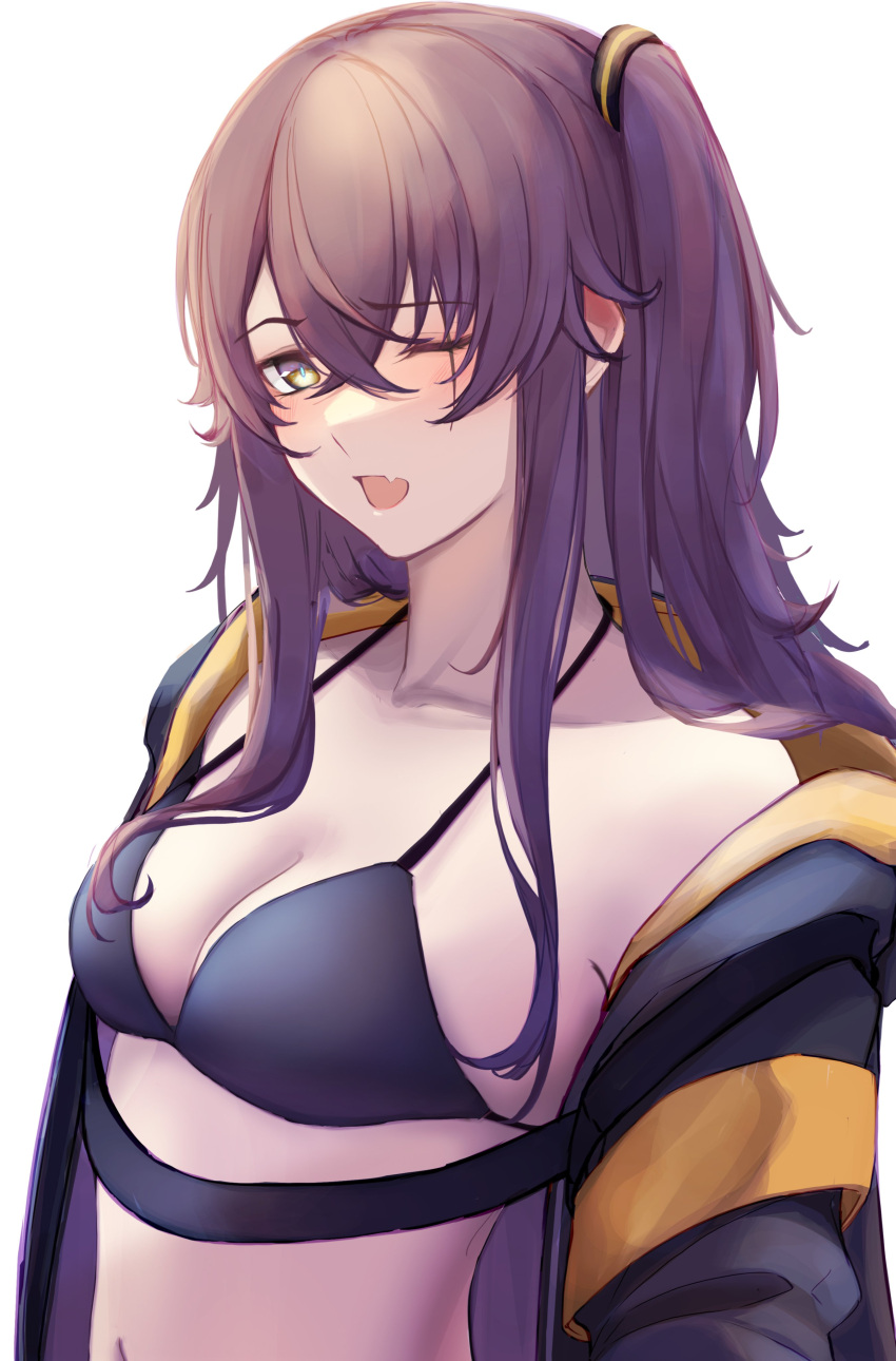 1girl 3_small_spiders absurdres bangs bare_shoulders bikini bikini_top_only black_bikini black_jacket blush breasts brown_hair cleavage collarbone commentary eyebrows_visible_through_hair girls'_frontline hair_ornament hairclip highres jacket jacket_pull light_brown_eyes long_hair looking_at_viewer medium_breasts navel one_eye_closed open_clothes open_jacket open_mouth scar scar_across_eye side_ponytail solo swimsuit ump45_(girls'_frontline) upper_body white_background