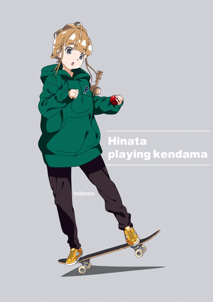 1girl absurdres bangs black_pants blunt_bangs brown_hair commentary_request english_text goumonsha green_hoodie grey_background grey_eyes hair_bun highres holding hood hoodie kendama miyake_hinata pants shoes simple_background skateboard skateboarding sneakers solo sora_yori_mo_tooi_basho