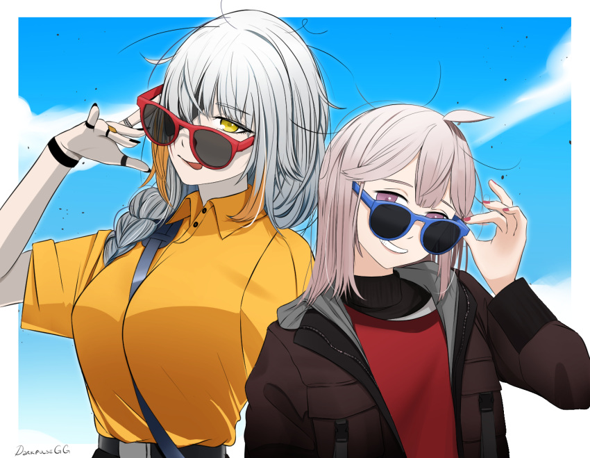 2girls artist_name bangs belt black_nails blue_sky braid braided_ponytail breasts brown_jacket casual closed_mouth darkpulsegg english_commentary eyebrows_visible_through_hair eyepatch girls'_frontline grey_hair hand_on_eyewear jacket licking_lips lips long_hair looking_at_viewer m16a1_(girls'_frontline) m200_(girls'_frontline) medium_breasts multiple_girls nail_polish open_clothes open_jacket open_mouth parted_lips purple_eyes red_nails red_shirt shirt simple_background sky small_breasts smile sunglasses teeth_hold tongue tongue_out turtleneck upper_body yellow_eyes yellow_shirt