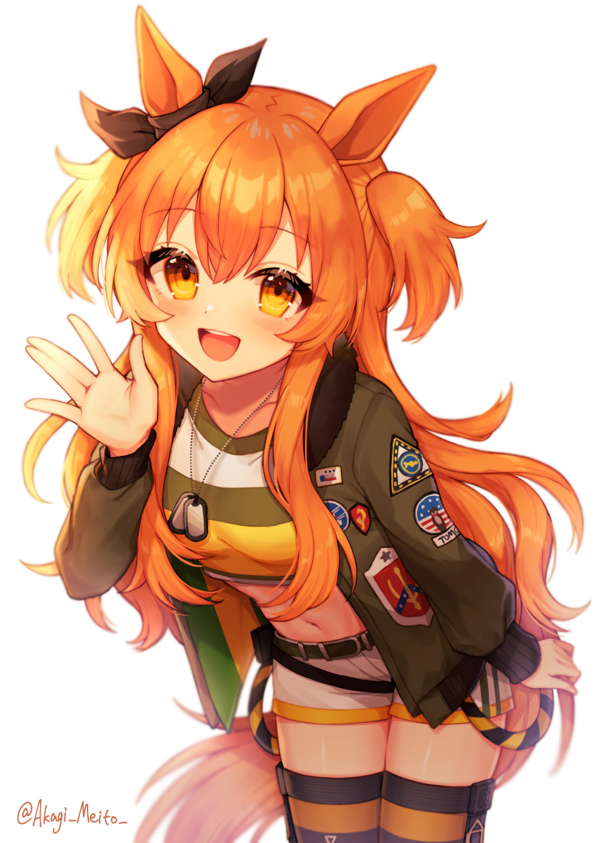 1girl absurdres akagi_meito animal_ears bangs belt blush breasts cowboy_shot crop_top dog_ears green_jacket highres horse_ears horse_girl horse_tail jacket leaning_forward long_sleeves looking_at_viewer mayano_top_gun_(umamusume) midriff navel open_clothes open_jacket open_mouth orange_hair shorts small_breasts smile solo standing tail twitter_username two_side_up umamusume waving white_shorts yellow_eyes
