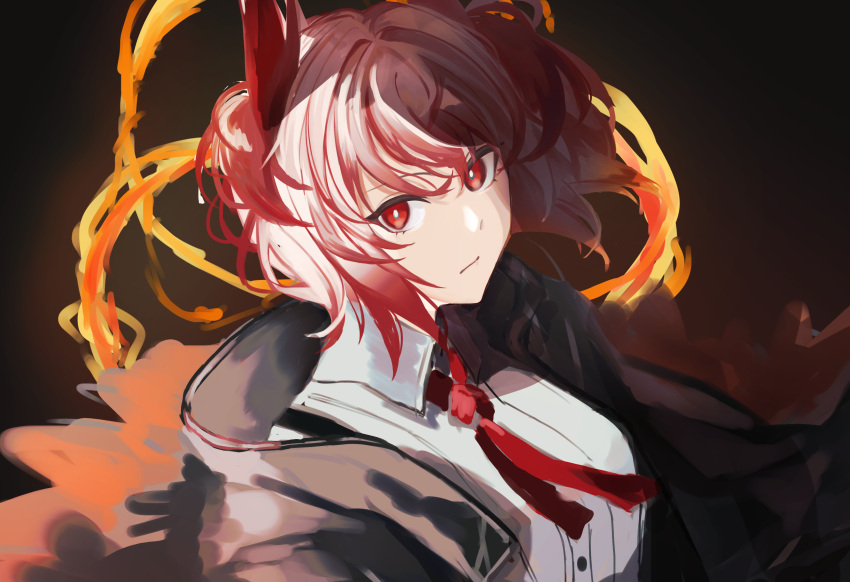 1girl absurdres arknights bangs black_jacket breasts closed_mouth collared_shirt dress_shirt eyebrows_visible_through_hair fiammetta_(arknights) fire hair_between_eyes highres horns jacket looking_at_viewer multicolored_hair necktie open_clothes open_jacket red_eyes red_hair red_necktie shirt short_hair small_breasts solo streaked_hair upper_body white_hair white_shirt yoi6/yoiro