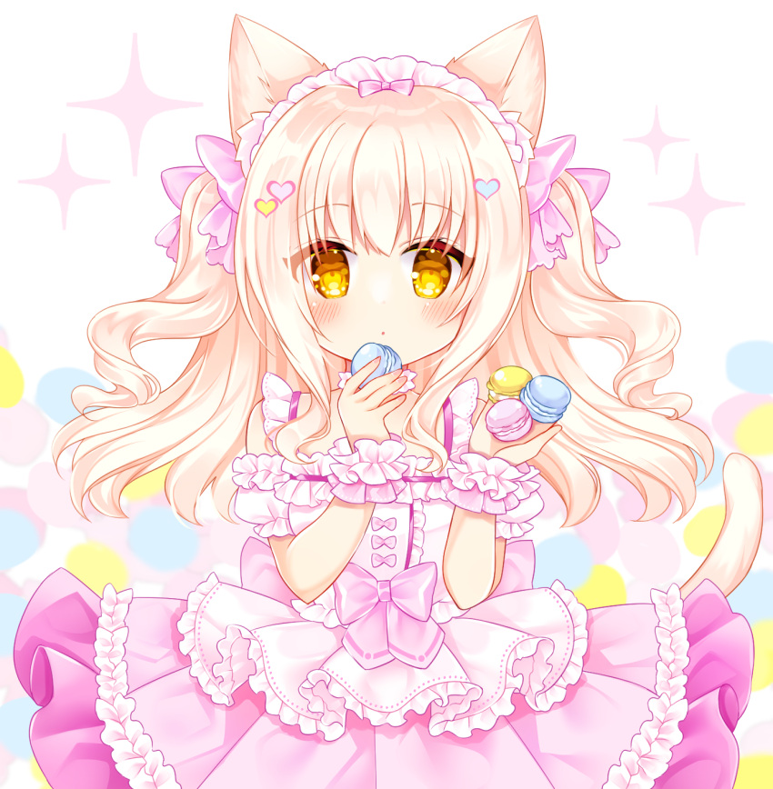 1girl animal_ears apron bangs bare_shoulders blonde_hair blush bow breasts brown_eyes cat_ears cat_girl cat_tail closed_mouth commentary detached_sleeves eyebrows_visible_through_hair food frilled_apron frilled_skirt frills hair_bow hands_up highres holding holding_food looking_at_viewer macaron original pink_bow pink_skirt puffy_short_sleeves puffy_sleeves shikito shirt short_sleeves skirt small_breasts solo sparkle tail two_side_up waist_apron white_apron white_background white_shirt white_sleeves wrist_cuffs