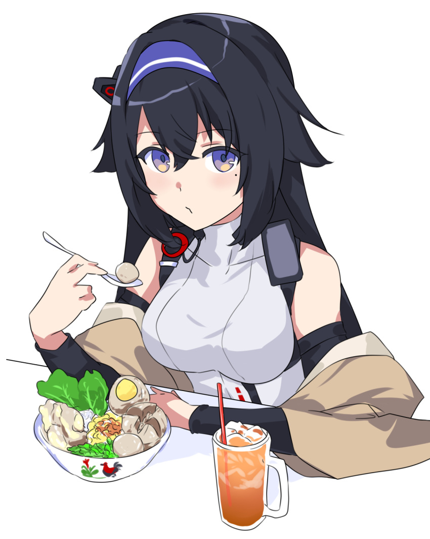 1girl bangs bare_shoulders black_hair breasts closed_mouth detached_sleeves expressionless food food_bowl girls'_frontline hairband headband highres holding holding_spoon jacket large_breasts long_hair looking_at_viewer mod3_(girls'_frontline) mole mole_under_eye off_shoulder purple_eyes salad shirt simple_background solo spoon super_sass_(girls'_frontline) upper_body vanna white_background white_shirt