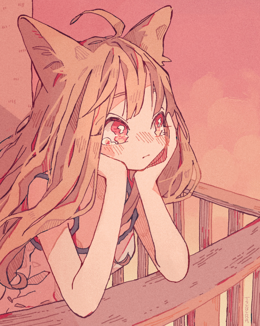 1girl 99_yen_(tsubura) ahoge animal_ears balcony bangs breasts brown_hair cat_ears closed_eyes head_rest highres long_hair looking_afar original outdoors red_eyes red_sky sky small_breasts tank_top tearing_up upper_body