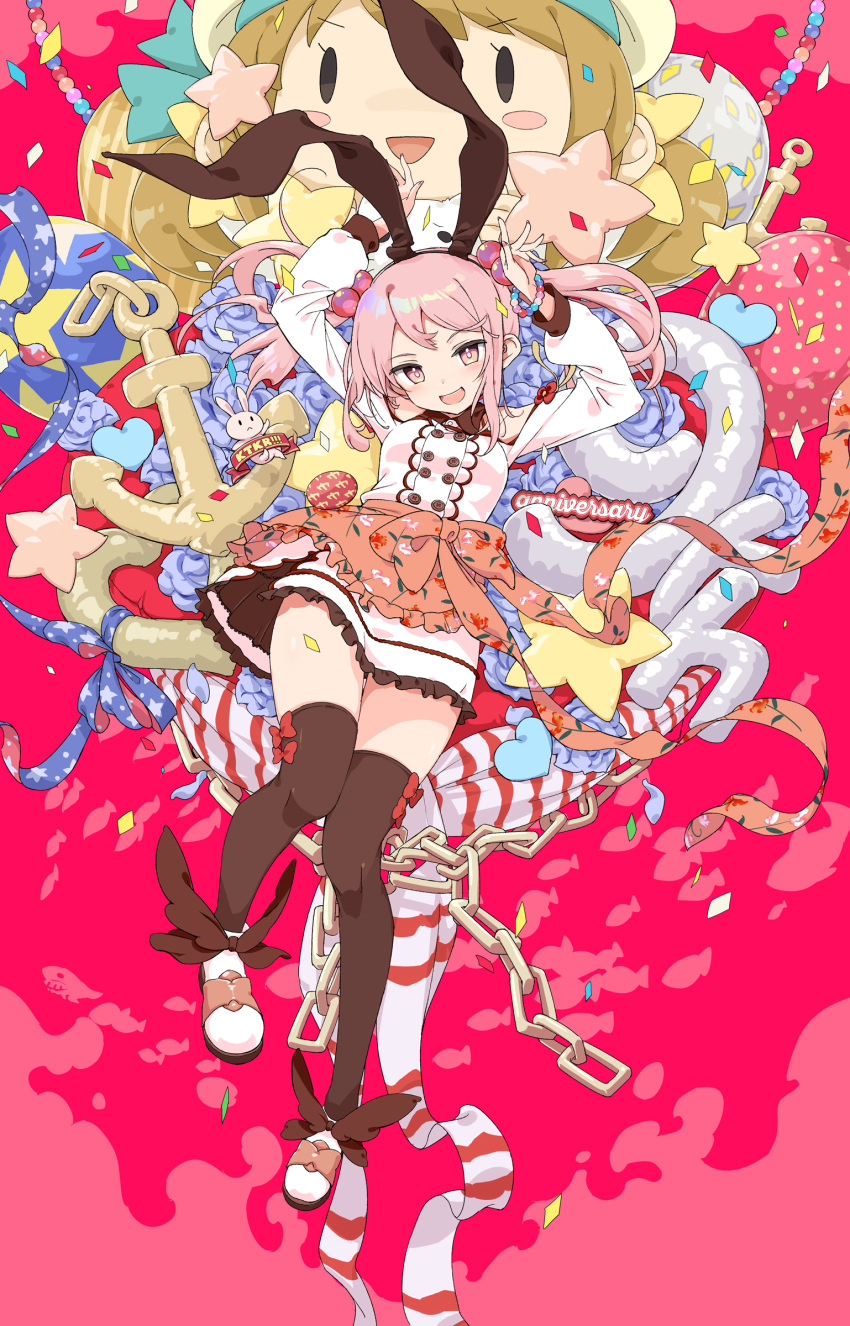 1girl absurdres aka_ringo anchor_symbol animal_ears anniversary apron arms_up balloon bangs black_legwear blush bracelet breasts bunny_pose chain commentary_request confetti dress error_musume fake_animal_ears floral_print hair_bobbles hair_ornament heart highres jewelry kantai_collection looking_at_viewer official_alternate_costume open_mouth pink_apron pink_eyes pink_hair rabbit_ears sazanami_(kancolle) sidelocks solo star_(symbol) thighhighs twintails waist_apron white_dress