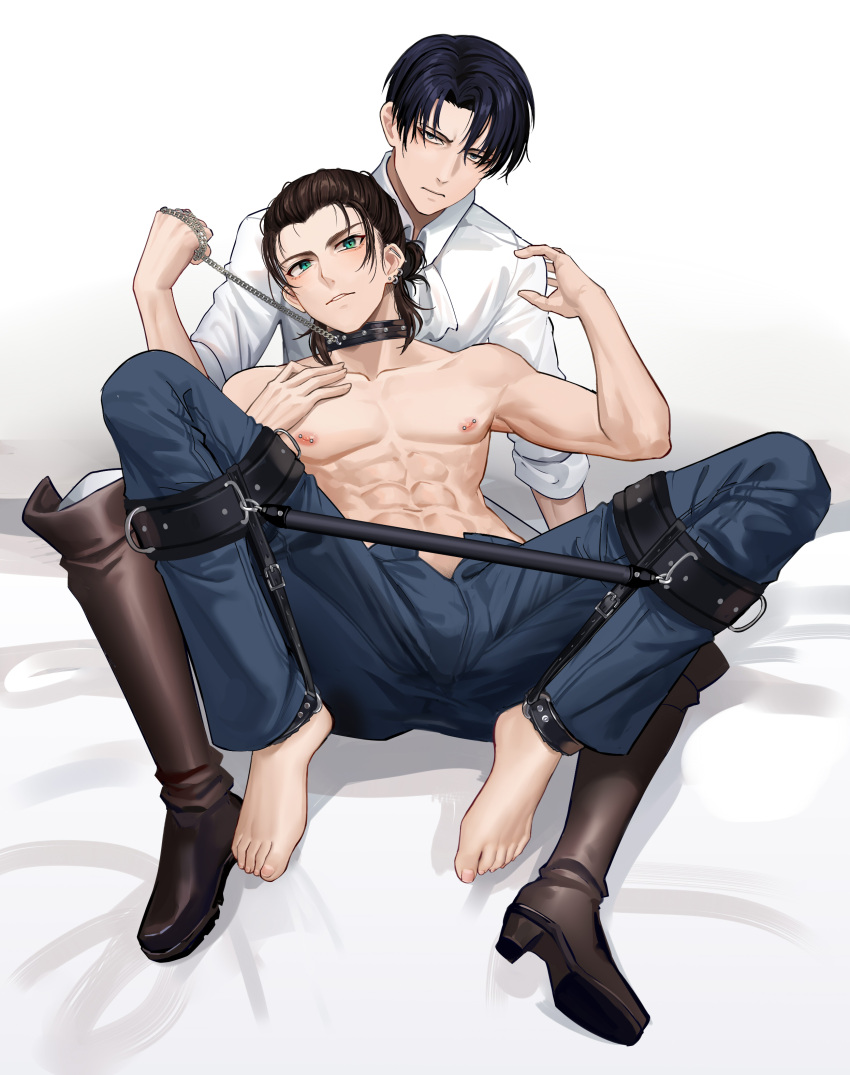 2boys abs absurdres ascot barefoot bdsm black_hair boots bsdm collar collarbone collared_shirt denim ear_piercing earrings eren_yeager fh_moya full_body green_eyes grey_eyes hair_bun highres jeans jewelry knee_boots leash levi_(shingeki_no_kyojin) looking_at_viewer messy_hair multiple_boys multiple_piercings nipple_piercing nipples open_fly pants parted_lips piercing reclining shingeki_no_kyojin shirt short_hair sitting spread_legs spreader_bar toned topless very_short_hair white_ascot yaoi