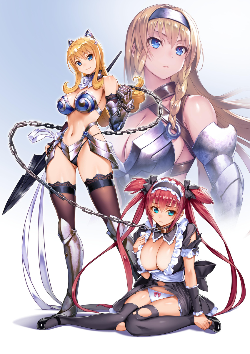 3girls absurdres airi_(queen's_blade) airi_(queen's_blade_unlimited) animal_ears armor armored_boots artist_request ass_visible_through_thighs bangs bare_shoulders bikini_armor black_dress black_legwear blonde_hair blue_eyes boots breasts chain cleavage closed_mouth collar dress elina fake_animal_ears full_body headband highres holding holding_weapon large_breasts leash leina leina_(queen's_blade_unlimited) long_hair looking_at_viewer looking_away medium_breasts multiple_girls navel official_art panties quad_tails queen's_blade queen's_blade_unlimited queen's_blade_white_triangle red_hair revealing_clothes shadow_tracker_elina smile standing thighhighs torn_clothes torn_legwear underwear weapon white_panties wrist_cuffs