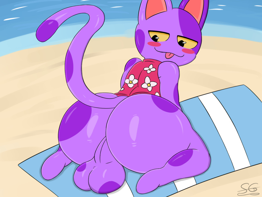 &lt;3 4:3 animal_crossing anthro balls barefoot beach big_balls big_butt big_ears blush bob_(animal_crossing) bubble_butt butt clothed clothing feet felid feline felis genitals glistening glistening_body glistening_genitalia glistening_skin hi_res huge_balls huge_butt looking_back male mammal mostly_nude nintendo on_ground partially_clothed purple_body raised_tail rear_view seaside shirt sillymfgoose sitting sitting_on_ground smile smug smug_expression smug_face solo solo_focus spots tongue tongue_out topwear towel video_games yellow_eyes