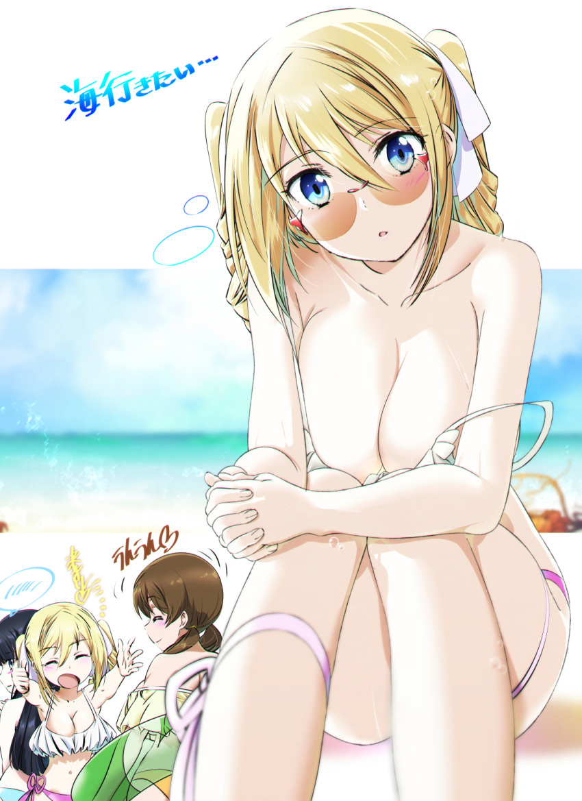 3girls angelina_kudou_shields beach black_hair blonde_hair blue_eyes breasts brown_hair drill_hair drill_locks highres hime_cut innertube large_breasts looking_at_viewer looking_back low_twintails mahouka_koukou_no_rettousei mamezuka_takashi mitsui_honoka multiple_girls ribbon shiba_miyuki sitting strap_slip sunglasses swimsuit twintails