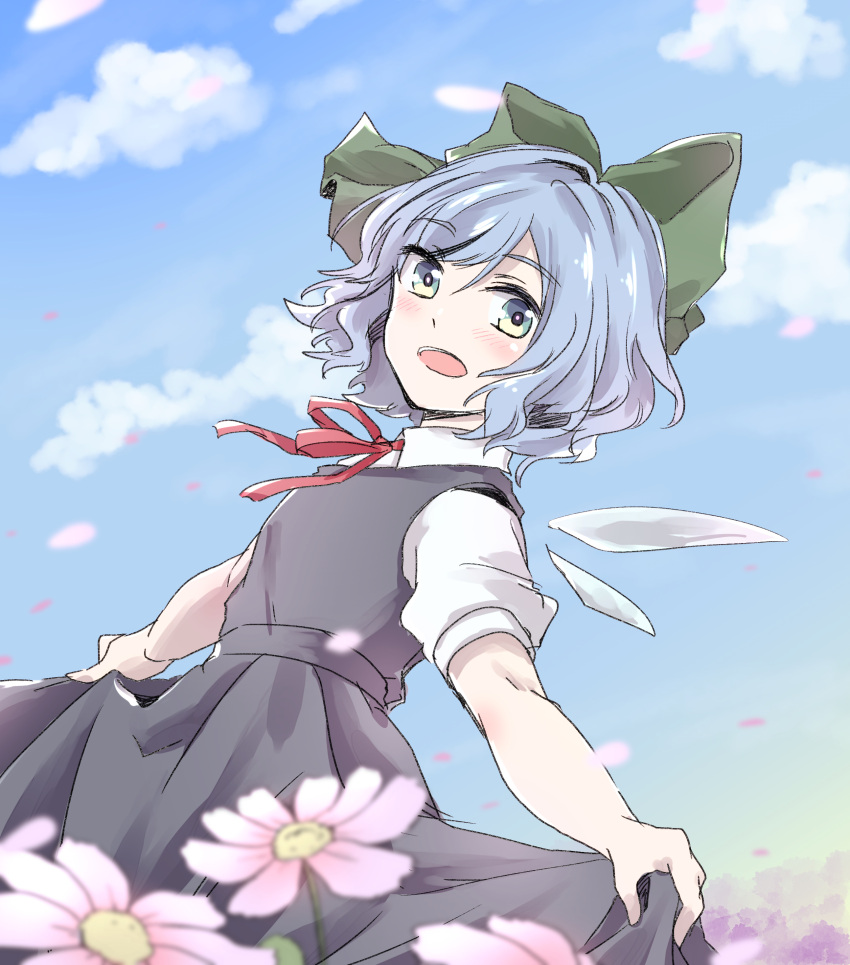 1girl :d absurdres bangs blue_dress blue_eyes blue_hair blush bow cirno cloud collared_shirt day detached_wings dress eyebrows_visible_through_hair field flower flower_field green_bow hair_bow highres ice ice_wings kuromame_(8gou) long_dress looking_at_viewer neck_ribbon open_mouth outdoors pinafore_dress puffy_short_sleeves puffy_sleeves red_ribbon ribbon shirt short_hair short_sleeves skirt_hold sky smile solo teeth touhou upper_teeth wavy_hair white_shirt wings