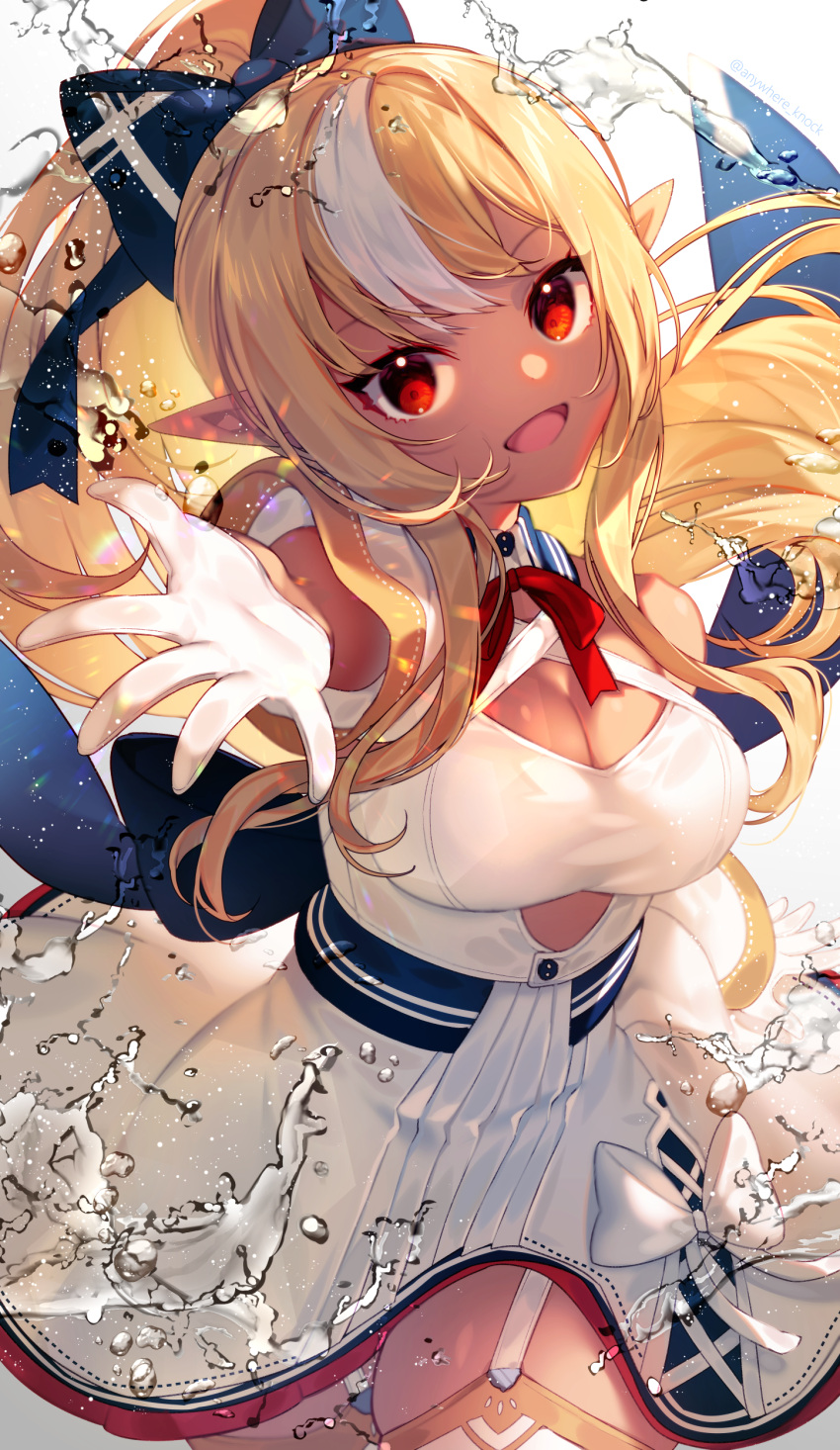 1girl :d absurdres anywhere_knock bangs blonde_hair blue_bow bow bowtie breasts cleavage_cutout clothing_cutout cowboy_shot dark-skinned_female dark_skin floating_hair garter_straps gloves hair_bow highres hololive large_breasts long_hair looking_at_viewer multicolored_hair outdoors pointy_ears ponytail red_bow red_bowtie red_eyes shiranui_flare shirt skirt smile solo streaked_hair thighhighs twitter_username virtual_youtuber white_gloves white_hair white_shirt white_skirt