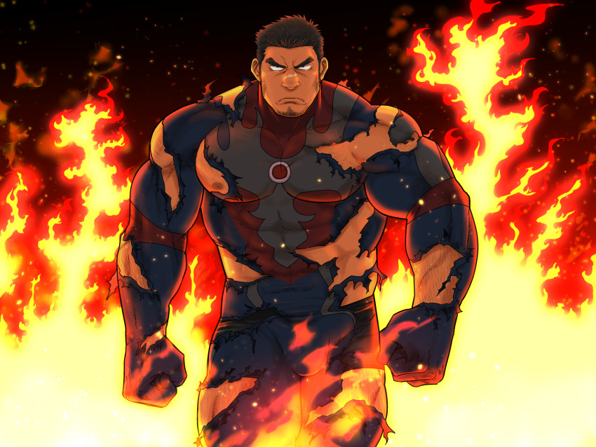 1boy abs arm_hair bad_source bara bodysuit brown_hair bulge burnt_clothes character_request chest_hair clenched_hands covered_abs covered_navel dark-skinned_male dark_skin erection erection_under_clothes facial_hair feet_out_of_frame fire frown goatee hairy hero's_destiny highres large_pectorals leg_hair looking_at_viewer male_focus mature_male muscular muscular_male nipples pectorals short_hair sideburns sidepec solo textless thick_eyebrows thick_thighs thighs torn_bodysuit torn_clothes walking yakisoba_ohmori