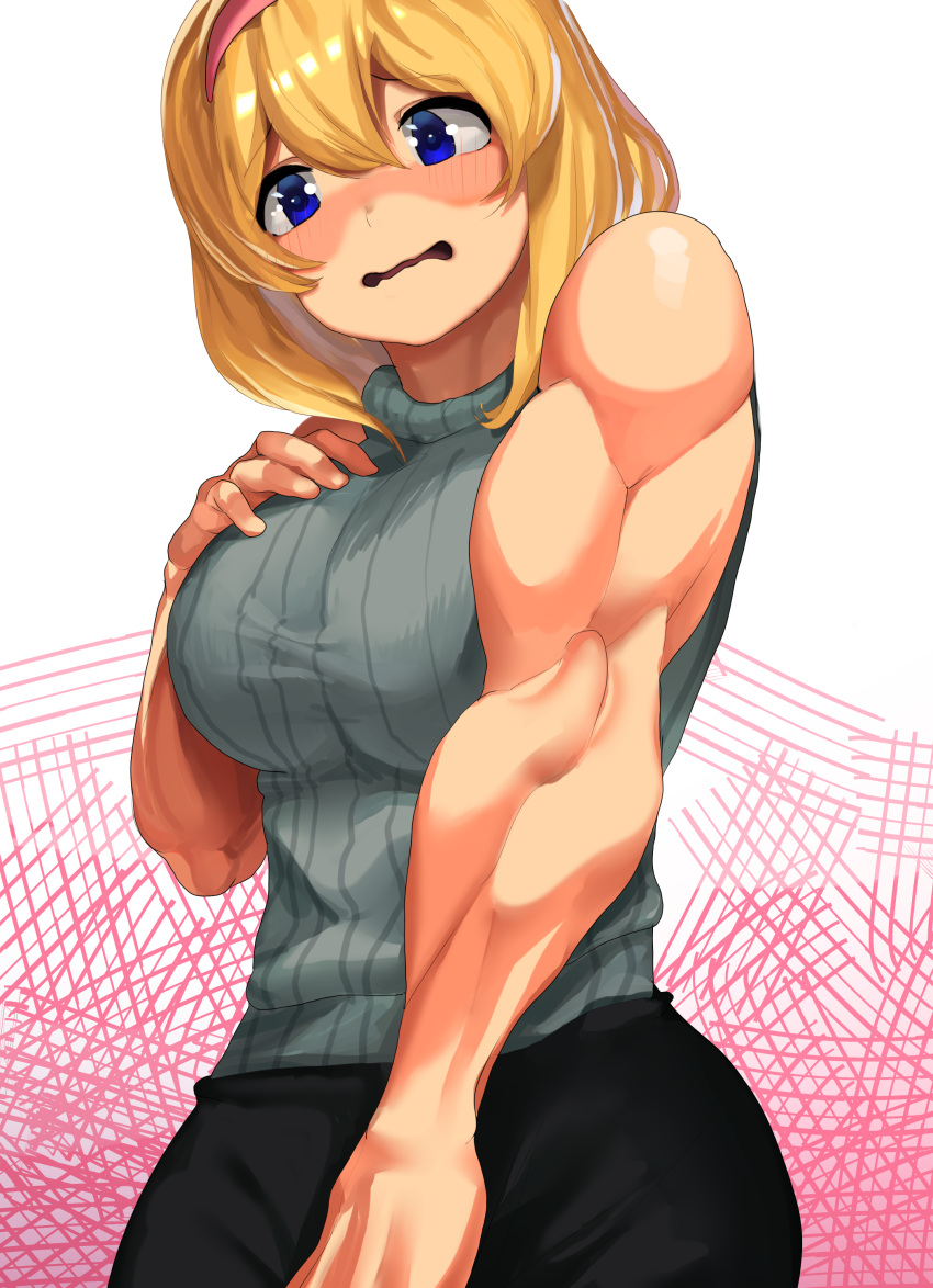 1girl absurdres alice_margatroid alternate_costume aran_sweater bangs black_skirt blonde_hair blue_eyes blush breasts commentary_request cookie_(touhou) cowboy_shot embarrassed grey_sweater hair_between_eyes hand_on_own_chest highres koiso_usu large_breasts medium_hair muscular muscular_female nose_blush open_mouth sakuranbou_(cookie) skirt sleeveless sleeveless_sweater solo sweater touhou wavy_mouth