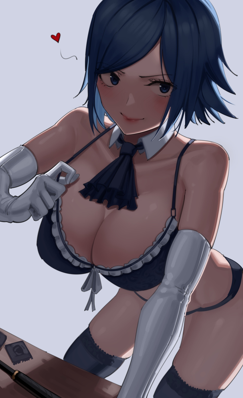 1girl absurdres ascot bare_shoulders black_ascot black_bra black_legwear blue_eyes blue_hair blush bra breasts cleavage commentary detached_collar elbow_gloves elisabeth_blanctorche gloves grey_background harris_hero heart highres large_breasts looking_at_viewer short_hair simple_background smile solo the_king_of_fighters the_king_of_fighters_xi thighhighs thighs underwear white_gloves