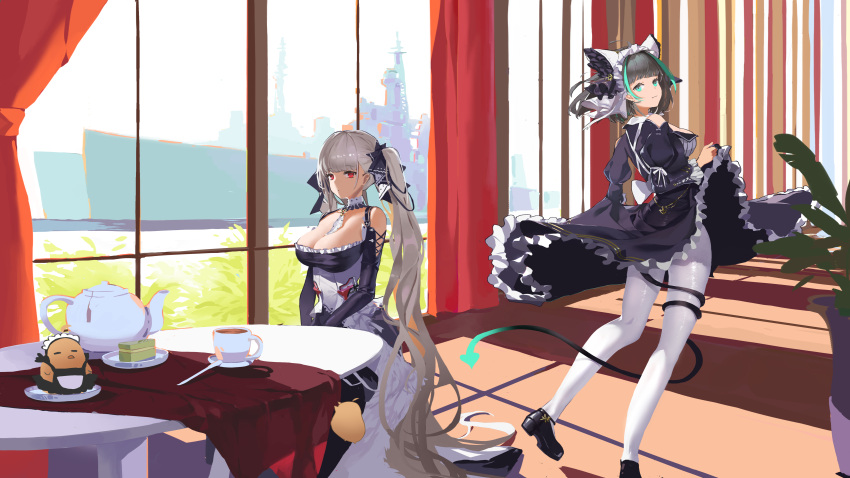 2girls :3 absurdly_long_hair absurdres alternate_costume animal_ears aqua_eyes aqua_hair azur_lane bare_shoulders between_breasts black_dress breasts cake cake_slice cat_ears cheshire_(azur_lane) cleavage clothes_lift clothing_cutout curtains day dress dress_lift enmaided fake_animal_ears food forico formidable_(azur_lane) frilled_dress frills from_behind full_body highres indoors large_breasts long_hair long_ribbon looking_at_viewer looking_back maid maid_headdress manjuu_(azur_lane) multiple_girls pantyhose plant platinum_blonde_hair potted_plant purple_dress red_curtains red_eyes round_table shadow shoulder_cutout sitting skirt_hold tea_set twintails two-tone_dress two-tone_ribbon very_long_hair white_legwear window