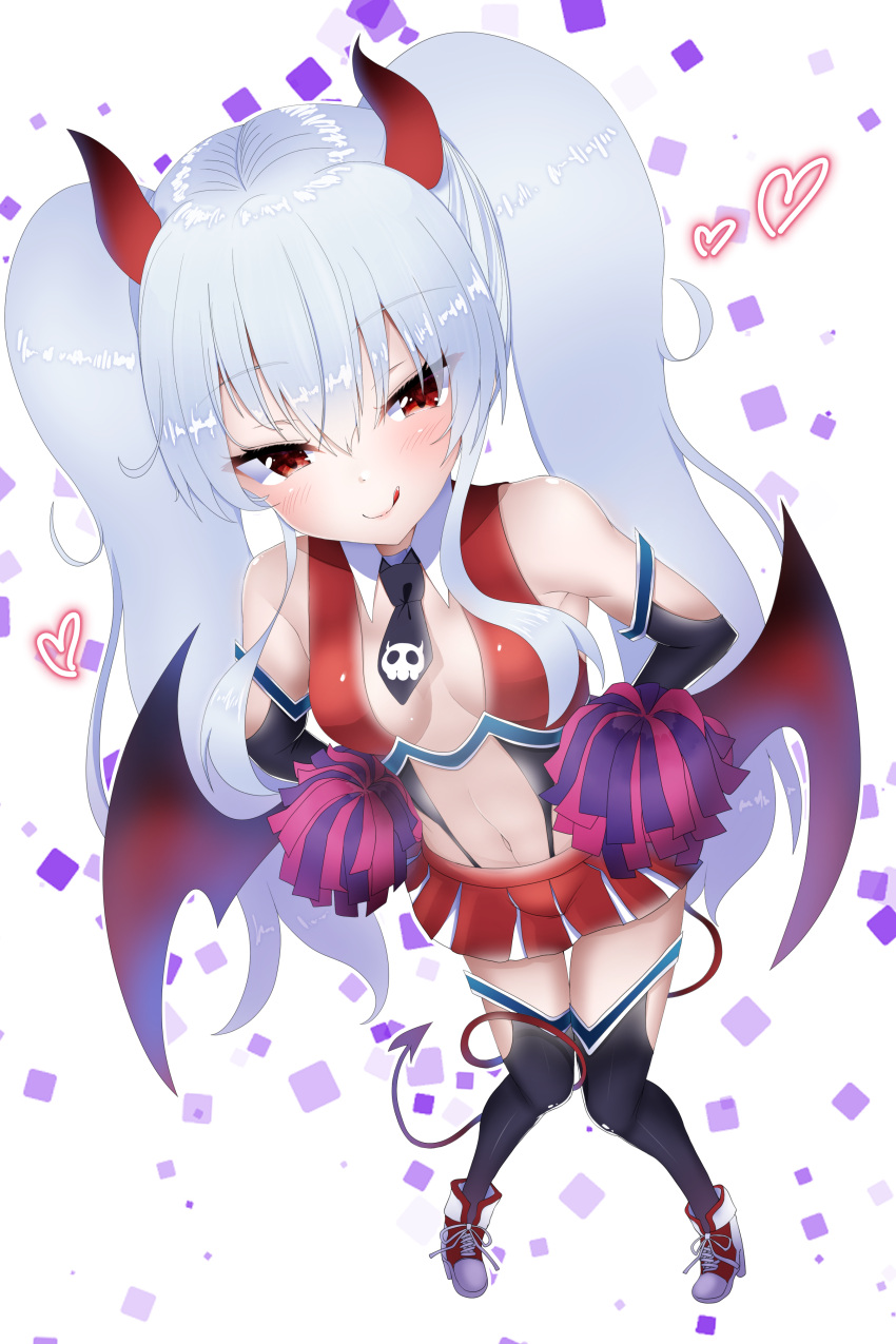 1girl :d absurdres bangs black_gloves black_legwear black_necktie bombergirl breasts cheerleader cleavage closed_mouth demon_girl demon_horns demon_tail demon_wings elbow_gloves evo_grim eyebrows_visible_through_hair full_body gloves gradient_horns grey_footwear grey_hair grim_aloe heart highres holding holding_pom_poms horns long_hair looking_at_viewer multicolored_horns necktie pom_pom_(cheerleading) quiz_magic_academy_the_world_evolve red_eyes red_horns red_skirt red_tail red_wings skirt skull_print smile solo tail takimoto_yukari thighhighs twintails very_long_hair white_background wings