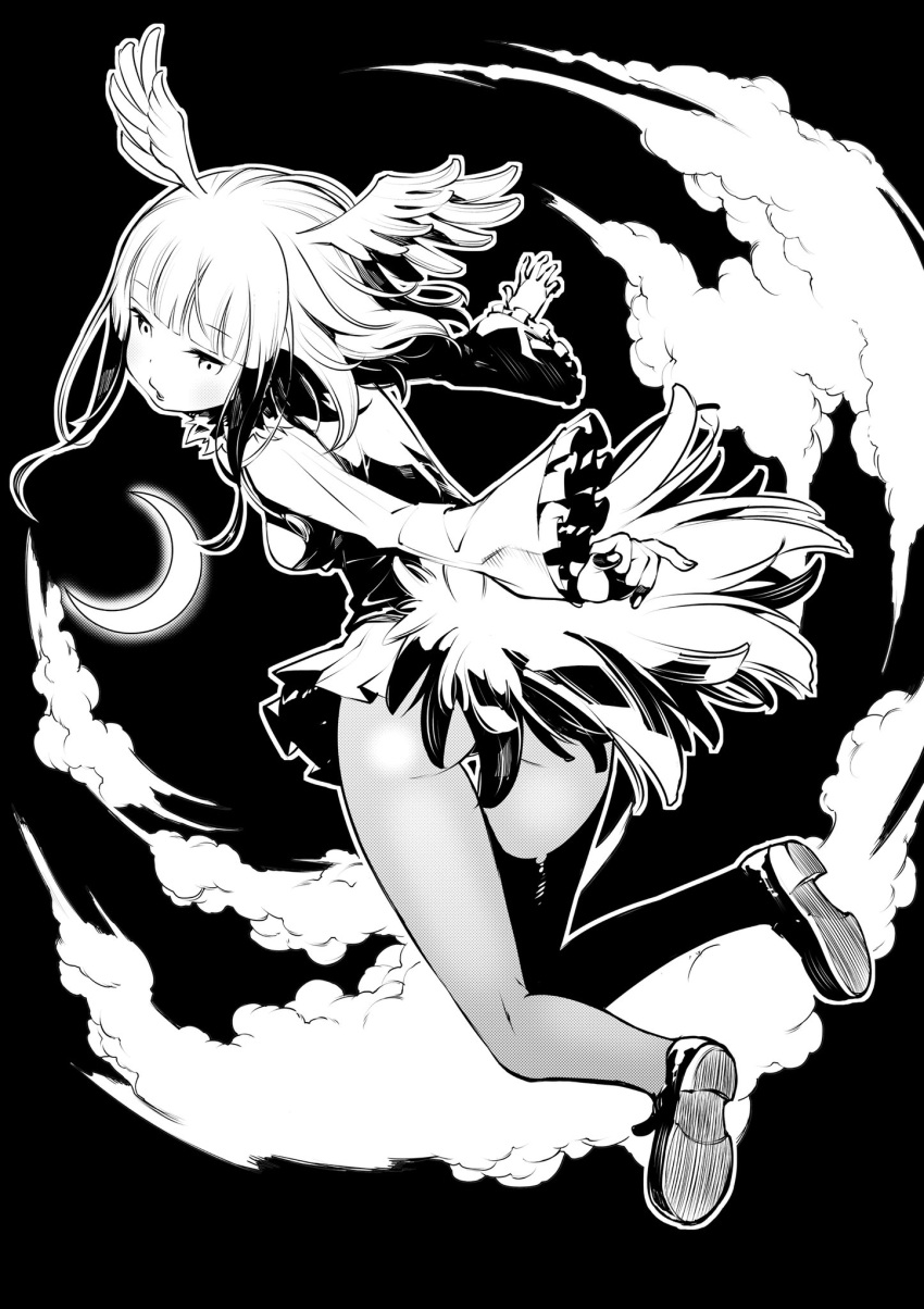 1girl black_background cloud crescent_moon eyebrows_visible_through_hair frilled_sleeves frills fukushima_masayasu greyscale hatching_(texture) head_wings highres japanese_crested_ibis_(kemono_friends) kemono_friends medium_hair monochrome moon open_mouth outline pantyhose simple_background solo white_outline wings