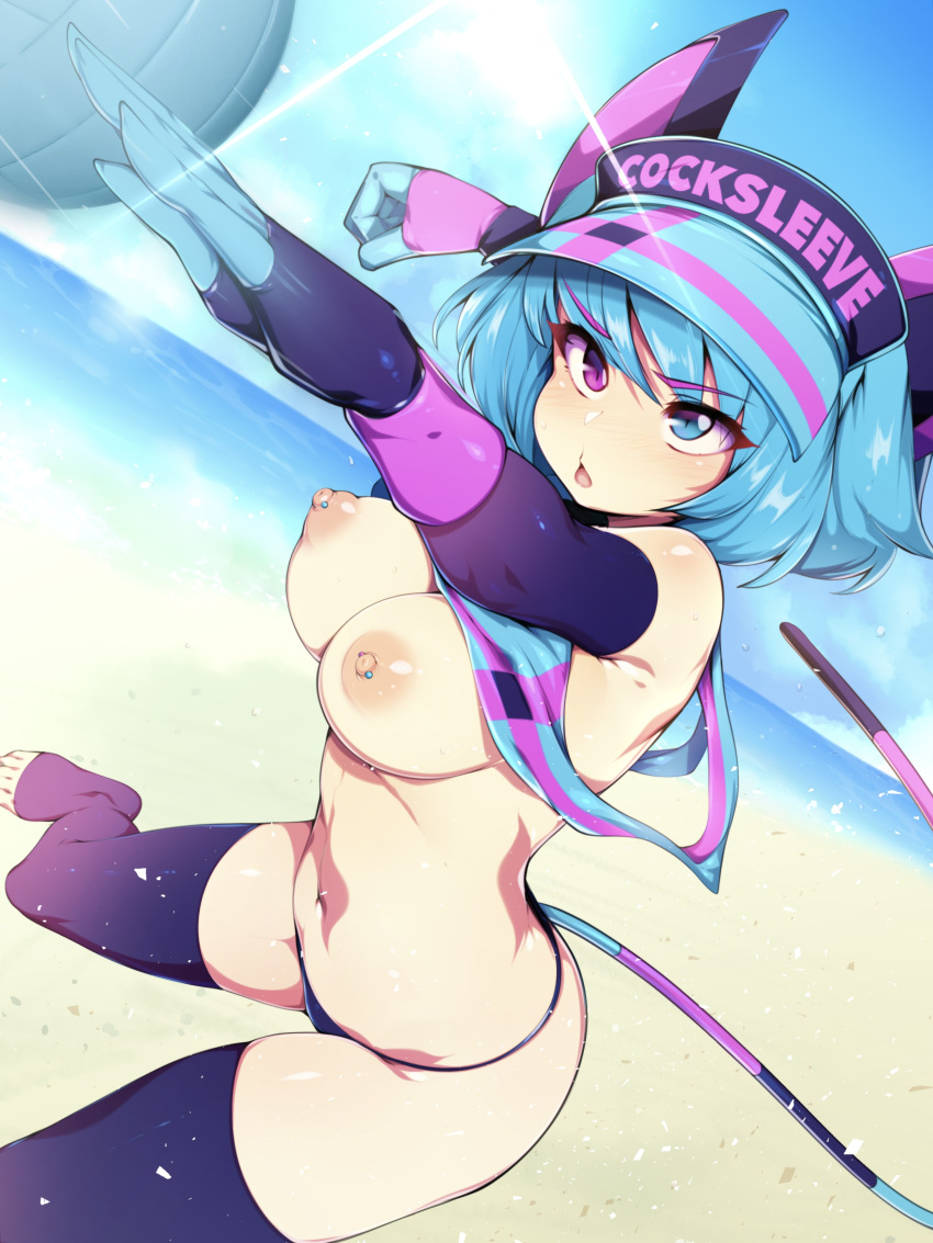 1girl absurdres beach bikini bikini_bottom_only blue_eyes blush breasts day elbow_gloves gloves heterochromia highres medium_breasts multicolored_clothes multicolored_tail navel nipple_bar nipple_piercing nipples ocean open_mouth original piercing purple_eyes shiny shiny_hair shiny_skin short_hair slugbox solo striped striped_tail swimsuit tail visor_cap volleyball vomi_agogo wardrobe_malfunction water