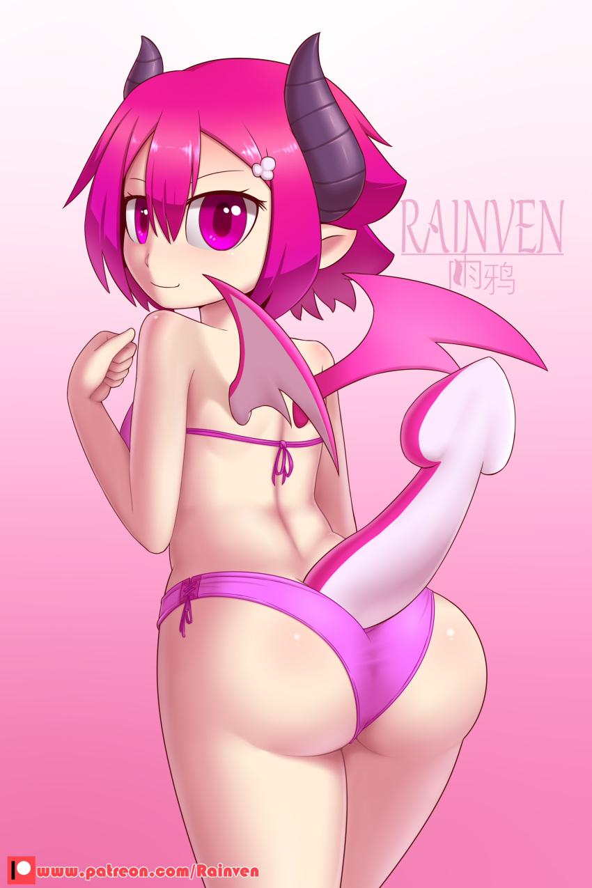 absurd_res butt clothing demon disgaea female hair hi_res horn humanoid looking_at_viewer pink_eyes pink_hair rainven raspberyl simple_background smile solo standing swimwear video_games wings