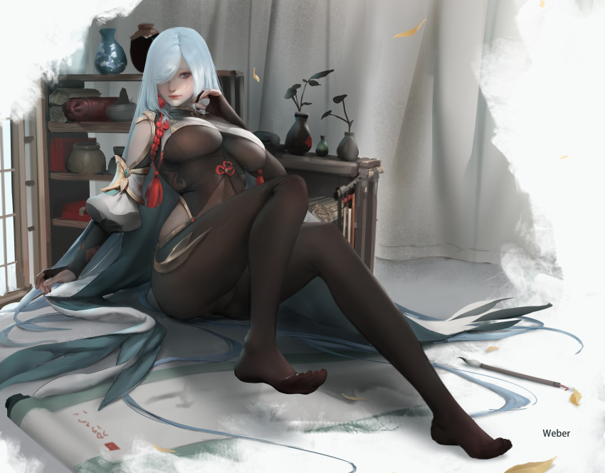1girl absurdres artist_name bamboo_scroll black_bodysuit black_gloves blanket blue_hair bodysuit bodysuit_under_clothes breasts calligraphy_brush closed_mouth clothing_cutout crop_top curtains falling_petals foot_up full_body genshin_impact gloves hair_over_one_eye hand_up highres indoors knees_up large_breasts light_smile long_hair looking_at_viewer no_shoes one_eye_covered outstretched_leg paintbrush paintbrush_rack partially_fingerless_gloves petals plant puffy_sleeves scroll shelf shenhe_(genshin_impact) shoulder_cutout sitting sleeves_past_elbows solo vase very_long_hair weber white_background