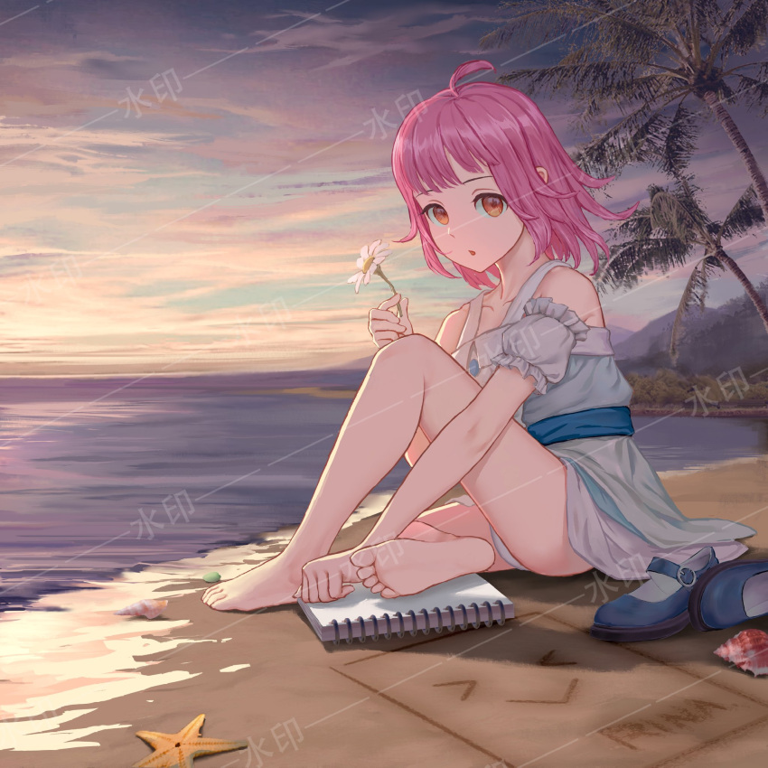 &gt;_&lt; :&gt; ahoge bangs barefoot beach blue_dress blue_footwear blue_sky character_name chestnut_mouth cloud collarbone commentary_request daisy detached_sleeves dress eyebrows feet flower frilled_sleeves frills highres holding holding_flower legs looking_at_viewer love_live! love_live!_nijigasaki_high_school_idol_club ocean on_floor palm_tree panties pantyshot pink_hair pppandy sand_writing shoes shoes_removed short_hair sidelocks sitting sketchbook sky snail_shell solo starfish sunset tennouji_rina thighs tree underwear white_panties yellow_eyes