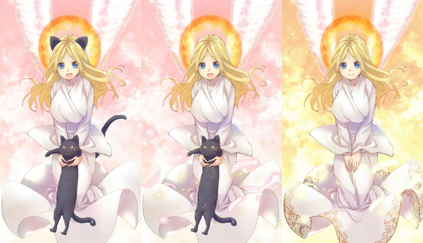 1girl :d angel_wings animal animal_ears black_cat black_cat_(elona) blonde_hair breasts cat cat_ears cat_girl cat_tail cloud dress ehekatl_of_luck elona feathers feet_out_of_frame flying gold_trim halo hands_on_own_thighs holding holding_animal large_breasts light_particles long_sleeves looking_at_viewer misono_mitama multiple_views own_hands_together robe sky smile tail v_arms variations white_dress white_wings wide_sleeves wings