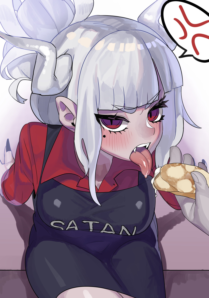 1girl absurdres annoyed apron bangs black_apron blush breasts collared_shirt commentary_request demon_girl demon_horns eyebrows_visible_through_hair fang fangs food hair_ornament helltaker highres horns koiso_usu large_breasts long_hair looking_at_viewer lucifer_(helltaker) medium_hair mole mole_under_eye phallic_symbol red_eyes red_shirt saliva sexually_suggestive shirt simple_background sitting sleeves_rolled_up tongue tongue_out white_hair white_horns