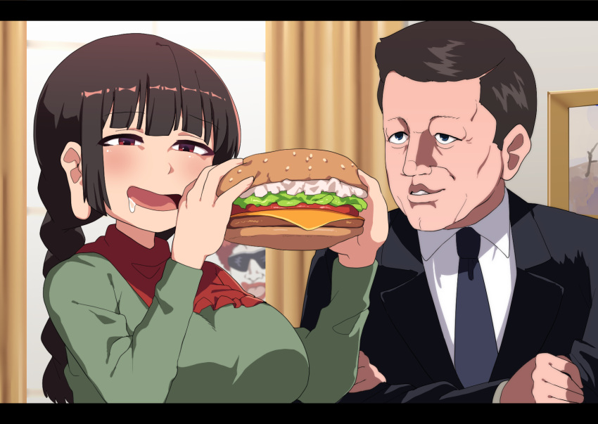 1girl 2boys bangs black_jacket black_necktie blazer blunt_bangs blush braid breasts brown_hair burger cheese collared_shirt commentary_request cookie_(touhou) curtains dress eyebrows_visible_through_hair food formal fuka_(kantoku) green_dress green_tea_(cookie) highres jacket john_f._kennedy large_breasts letterboxed lettuce long_earlobes long_hair long_sleeves mcdonald's multiple_boys necktie open_mouth real_life red_eyes red_hair red_scarf ronald_mcdonald saliva scarf shirt short_hair smile suit sunglasses tea tomato touhou twin_braids upper_body white_shirt yatadera_narumi
