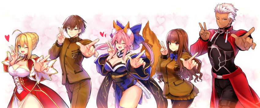 2boys 3girls absurdres ahoge animal_ear_fluff animal_ears archer_(fate) bangs bare_shoulders black_pants black_shirt blonde_hair blue_bow blue_bowtie blue_kimono blue_legwear blush bow bowtie braid breasts brown_eyes brown_hair brown_jacket brown_legwear brown_pants brown_skirt cape cleavage cleavage_cutout clothing_cutout commentary dark-skinned_male dark_skin detached_collar detached_sleeves dress epaulettes fate/extra fate_(series) fox_ears fox_girl fox_tail french_braid green_eyes grey_eyes hair_between_eyes hair_bow hair_bun hair_intakes hair_ribbon highres jacket japanese_clothes juliet_sleeves kimono kishinami_hakuno_(female) kishinami_hakuno_(male) koi_dance large_breasts long_hair long_sleeves looking_at_viewer multiple_boys multiple_girls nero_claudius_(fate) nero_claudius_(fate/extra) obi outstretched_arm pants pantyhose pink_hair puffy_sleeves red_cape red_dress red_ribbon ribbon sash shirt short_hair shrug_(clothing) sidelocks skirt smile tail tamamo_(fate) tamamo_no_mae_(fate/extra) tassel thighhighs thighs tsukumihara_academy_uniform_(fate/extra) twintails waist_cape white_hair wide_sleeves wisespeak yellow_eyes