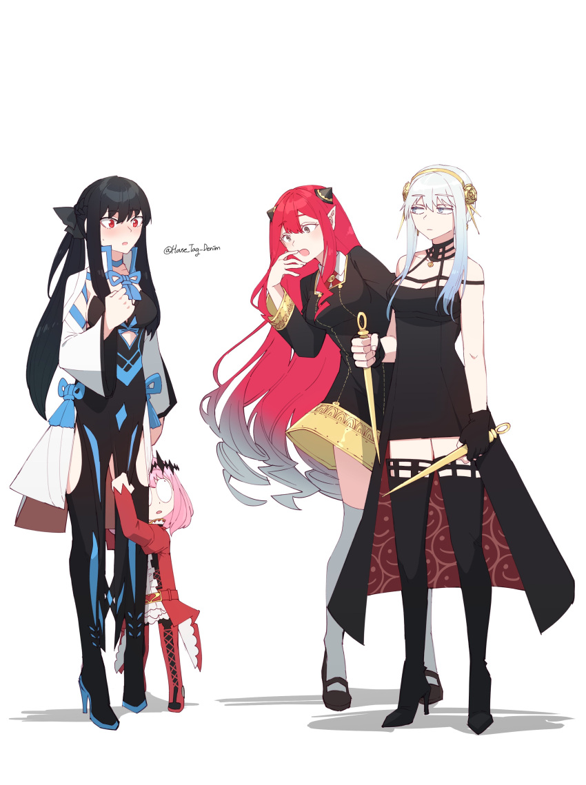 absurdres anya_(spy_x_family) anya_(spy_x_family)_(cosplay) black_bow black_hair bow braid center_frills center_opening child clothing_cutout cosplay costume_switch dagger dress dual_wielding earrings fairy_knight_tristan_(fate) fairy_knight_tristan_(fate)_(cosplay) family fate/grand_order fate_(series) french_braid frills gold_earrings gold_hairband grey_eyes hair_cones highres holding house_tag_denim jewelry knife light_blue_eyes morgan_le_fay_(fate) morgan_le_fay_(fate)_(cosplay) pink_hair platinum_blonde_hair pointy_ears red_dress red_eyes rose_hair_ornament sidelocks spy_x_family stomach_cutout tiara two-sided_dress two-sided_fabric two-tone_dress weapon yor_briar yor_briar_(cosplay)