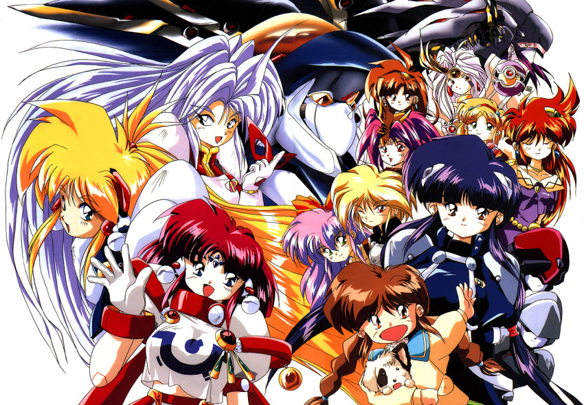 1990s_(style) 6+girls animal aqua_eyes bangs blonde_hair blue_eyes blue_hair blunt_bangs braid brown_hair closed_eyes dog forehead_jewel ginga_ojou-sama_densetsu_yuna gloves green_eyes hair_ornament haruna_(ginga_ojou-sama_densetsu_yuna) holding holding_animal ichijouin_misaki jinguuji_shiori kagurazaka_yuna kousaka_erika liavelt_von_neuestein long_hair long_sleeves looking_at_viewer medium_hair multiple_girls non-web_source official_art open_mouth pink_hair princess_mirage purple_hair red_eyes red_hair retro_artstyle ryudia smile tokudaiji_mai twin_braids very_long_hair waving white_hair yuri_cube