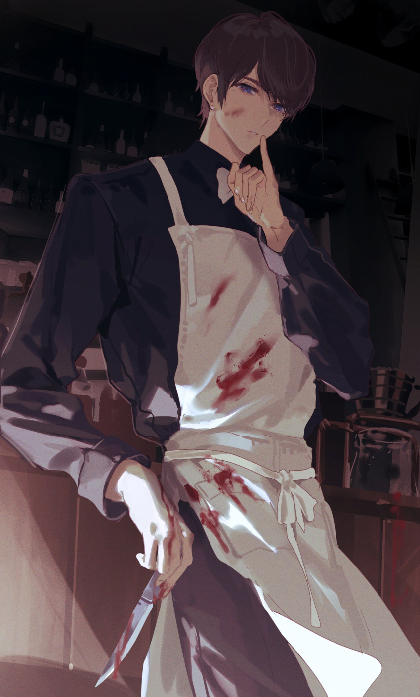 1boy absurdres apron avataro_sentai_donbrothers black_pants black_shirt blood blood_on_face blood_on_hands blood_on_knife blue_eyes bow bowtie cafe coffee coffee_pot counter doran7280 earrings goshikida_kaito highres jewelry knife male_focus pants shelf shirt short_hair stud_earrings sunlight super_sentai white_bow white_bowtie