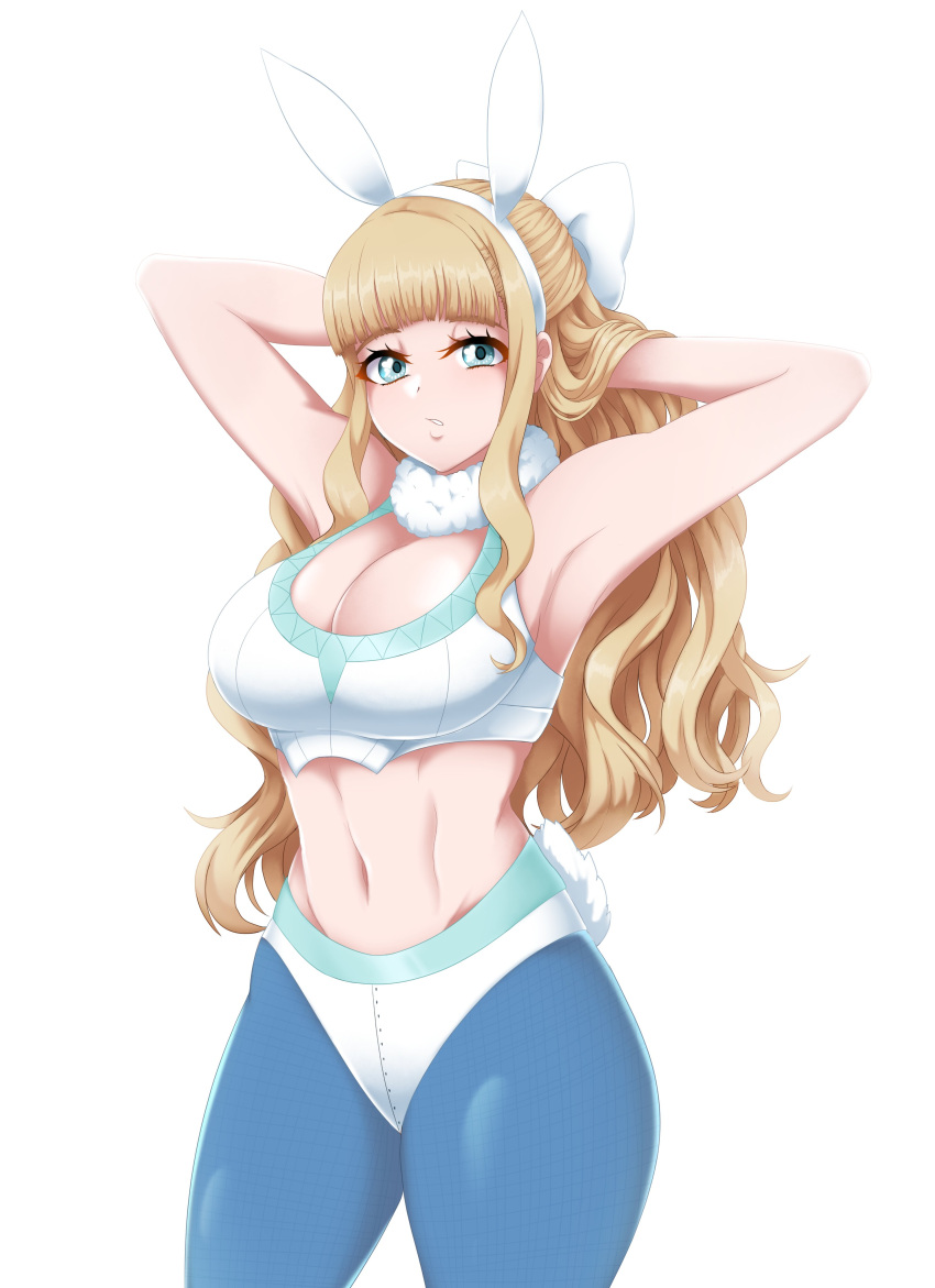 absurdres animal_ears armpits arms_up blonde_hair blue_legwear breasts charlotte_(fire_emblem) cleavage curly_hair fire_emblem fire_emblem_fates fire_emblem_heroes green_eyes hair_ornament hands_in_hair highres hime_cut large_breasts long_hair midriff playboy_bunny rabbit_ears rabbit_tail ribbon seityr tail white_ribbon