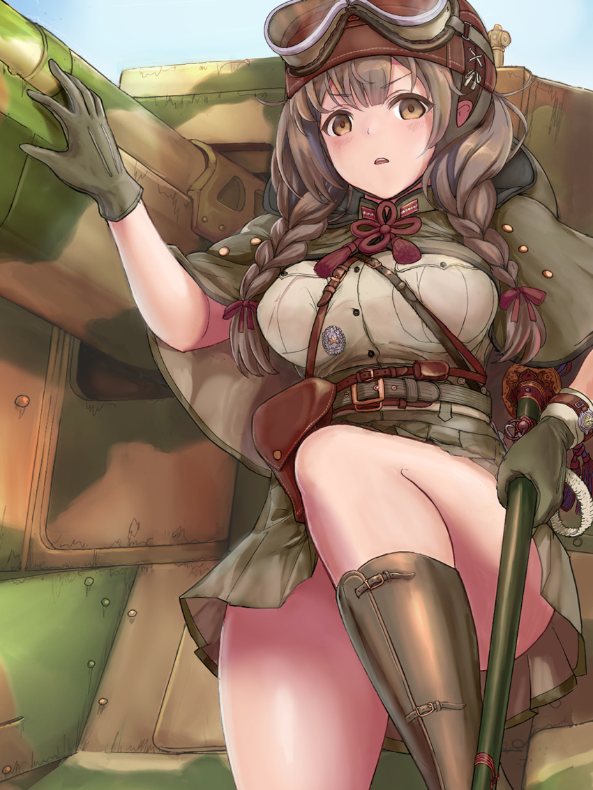 1girl belt boots breasts brown_eyes brown_hair em_s gloves ground_vehicle helmet highres holding holding_weapon imperial_japanese_army kantai_collection katana large_breasts long_hair medal military military_uniform military_vehicle motor_vehicle open_mouth shinshuu_maru_(kancolle) skirt sword tank tank_destroyer uniform watch weapon