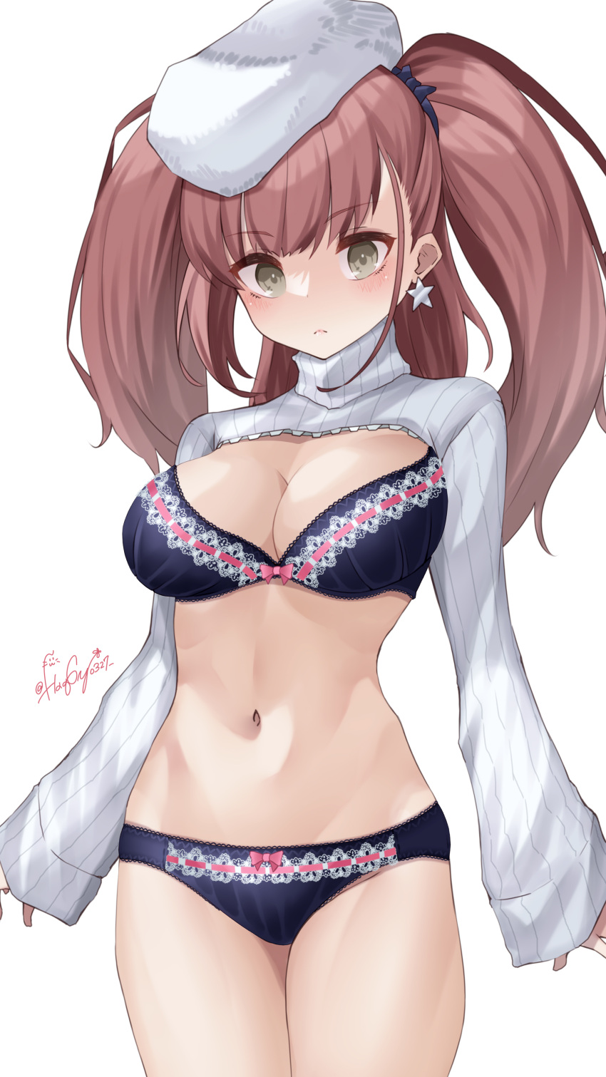 1girl absurdres alternate_costume atlanta_(kancolle) beret black_bra black_panties blush bra breasts brown_hair clothing_request cowboy_shot ear_piercing eyebrows_visible_through_hair grey_eyes haggy hat highres kantai_collection large_breasts long_hair long_sleeves looking_at_viewer panties piercing signature simple_background solo two_side_up underwear white_background white_headwear