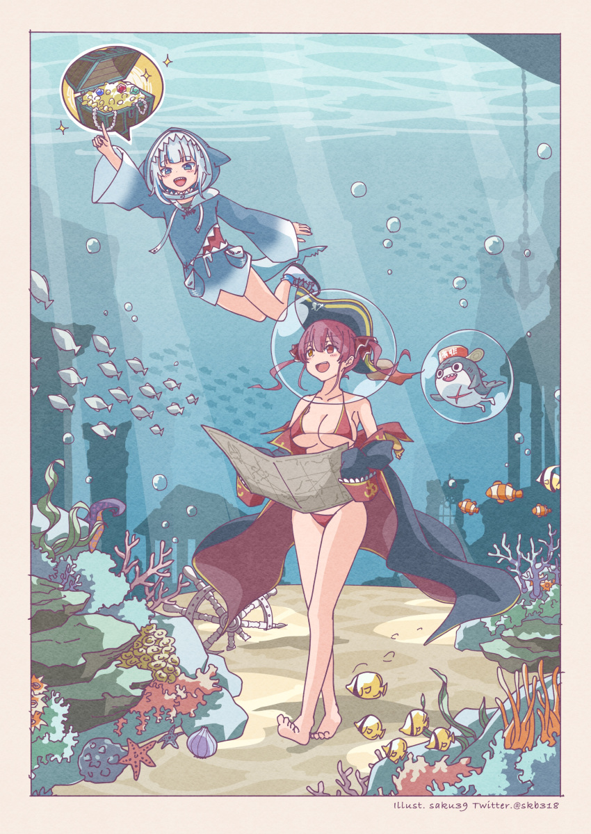 2girls :d absurdres anchor animal_hood arm_up artist_name barefoot bikini bloop_(gawr_gura) blue_eyes blue_hair blush border breasts bubble chain clam clownfish coral_reef fish fish_tail floating_hair full_body gawr_gura gem gold_coin hat heterochromia highres holding holding_map hololive hololive_english hood houshou_marine index_finger_raised jacket large_breasts long_hair looking_at_another looking_at_viewer looking_up map medium_hair multicolored_hair multiple_girls off_shoulder onesie open_mouth pirate_hat pointing red_bikini red_eyes red_hair saku39_(skb318) school_of_fish seaweed shark_hood shark_tail sharp_teeth ship's_wheel shoes sleeves_past_wrists smile sparkle spoken_object starfish streaked_hair sunfish swimming swimsuit tail teeth tentacles treasure treasure_chest treasure_map twintails twitter_username two-tone_hair underwater underwater_city virtual_youtuber walking water whale white_border white_hair yellow_eyes