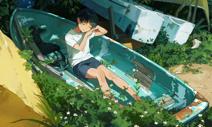 1girl ahoge arms_up bangs bare_legs barefoot blue_shorts boat canoe closed_eyes closed_mouth commentary_request facing_down feet_out_of_frame flower foliage grass hand_on_own_cheek hand_on_own_face highres kotatiyu original outdoors own_hands_together plant_request rope sand shirt short_hair short_sleeves shorts sitting sleeping smile solo watercraft white_shirt