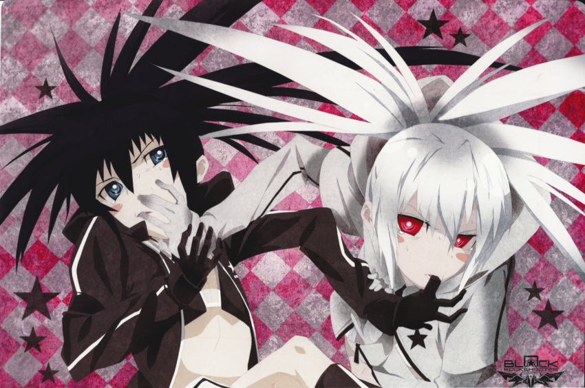 2girls black_hair black_rock_shooter black_rock_shooter_(character) black_rock_shooter_(game) blue_eyes blush_stickers checkered_background finger_in_another's_mouth flat_chest furrowed_brow gloves highres hood hoodie leg_up magenta_eyes multiple_girls official_art scan spiked_hair star_(symbol) stella_(black_rock_shooter) sweatdrop tears twintails ufotable white_hair white_rock_shooter