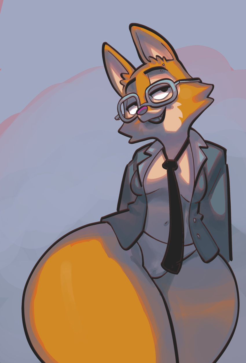 absurd_res anthro breasts canid canine clothed clothing diane_foxington dreamworks eyebrow_piercing eyewear facial_piercing female fox glasses half-closed_eyes hi_res mammal narrowed_eyes navel necktie nondelismell panties partially_clothed piercing solo the_bad_guys underwear wide_hips