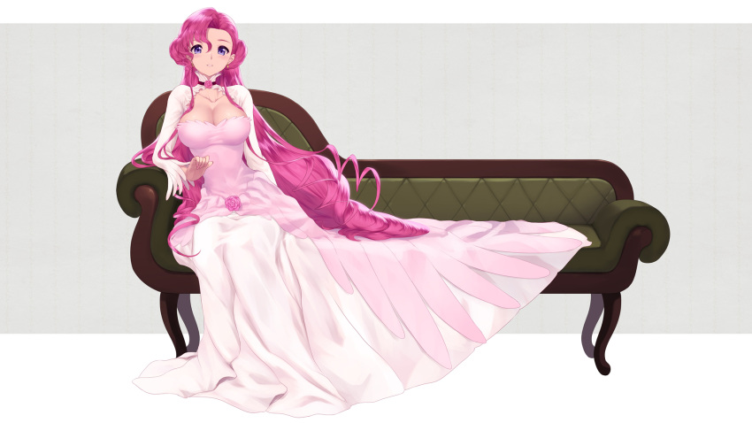 1girl bangs blush breasts cait_aron cleavage code_geass collarbone commentary couch dress earrings euphemia_li_britannia eyebrows_behind_hair flower foreshortening grey_background hair_between_eyes highres jewelry large_breasts long_hair long_sleeves looking_at_viewer on_couch parted_lips pink_dress pink_flower pink_hair pink_rose purple_eyes rose shrug_(clothing) sitting solo turtleneck