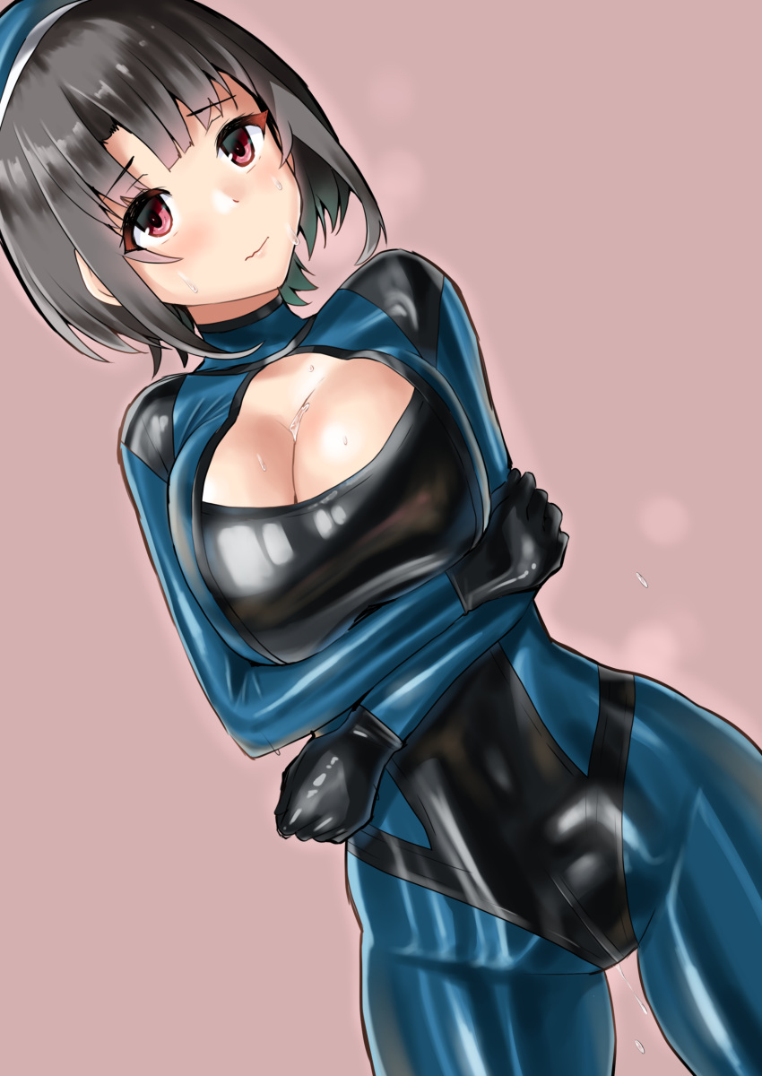 1girl absurdres alternate_costume beret black_bodysuit black_hair blue_bodysuit blue_headwear bodysuit breasts cleavage_cutout clothing_cutout hat highres kantai_collection large_breasts minase_(takaoka_nanase) multicolored_bodysuit multicolored_clothes red_eyes short_hair skin_tight solo takao_(kancolle)