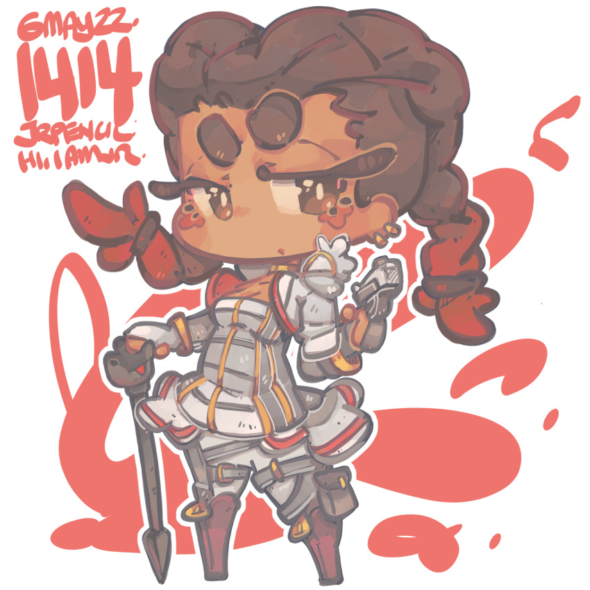 1girl apex_legends boots braid breasts brown_eyes brown_hair chibi cleavage cropped_jacket dark-skinned_female dark_skin dated eyeshadow grey_pants grey_skirt gun handgun highres holding holding_gun holding_staff holding_weapon jacket jr4rt loba_(apex_legends) makeup medium_breasts p2020_(pistol) pants pistol red_eyeshadow red_footwear red_hair short_eyebrows skirt solo staff thick_eyebrows twin_braids v-shaped_eyebrows weapon white_background white_jacket