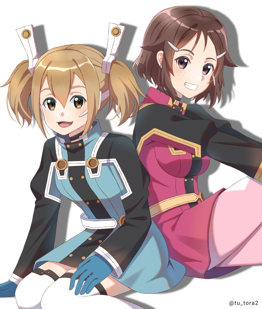 2girls :d augma bangs blue_dress blue_gloves brown_eyes brown_hair dress dress_shirt freckles gloves grin hair_between_eyes hair_ornament highres lisbeth multiple_girls pantyhose pink_dress pink_legwear shadow shiny shiny_hair shirt short_dress short_hair silica sitting smile sword_art_online thighhighs tu_tora2 twintails twitter_username white_background white_legwear zettai_ryouiki